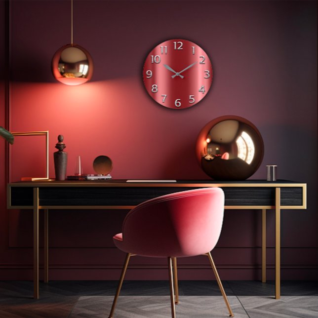 Relógio Grande Número árabe metálico marrom de cinzas de prata de (Burgundy Maroon Silver Gray Metallic Arabic Number Large Clock)