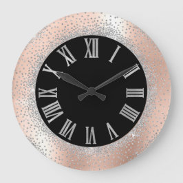 Relógio Grande Números Black Rosa Roman de Cristais de Prata de c