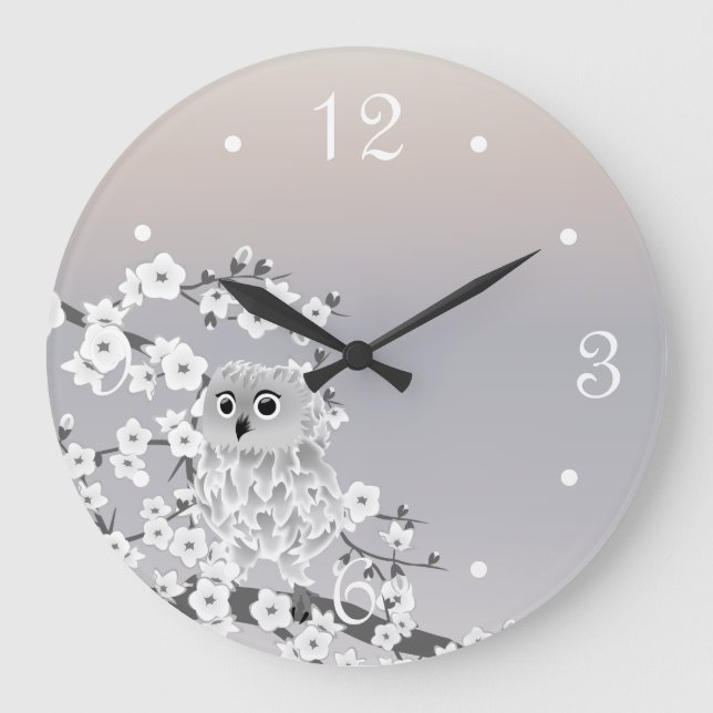 Relógio Grande Números Brancos de Cute Owl Beige Taupe (Frente)