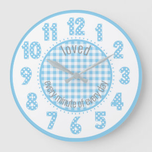 Relógio Grande Números de Bolinhas de Gingham Azul Baby Nursery 