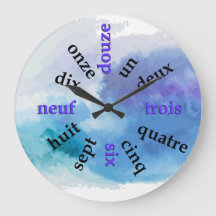 Números de Francófono Blue Watercolor Round Clock