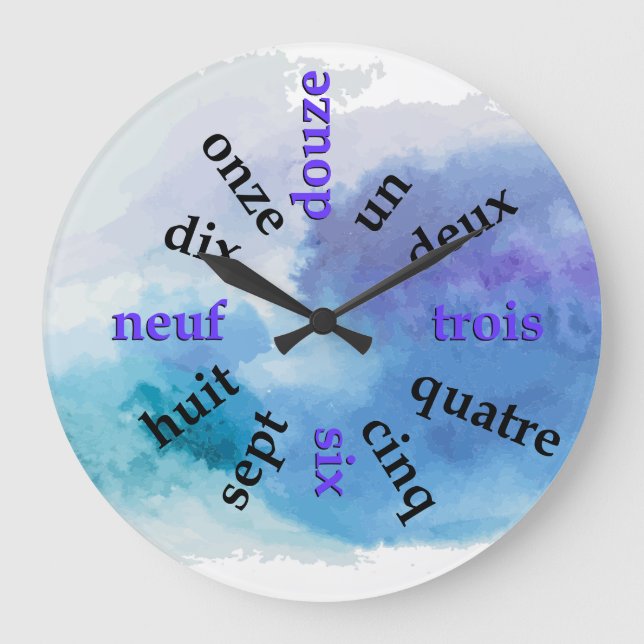 Relógio Grande Números de Francófono Blue Watercolor Round Clock (Frente)