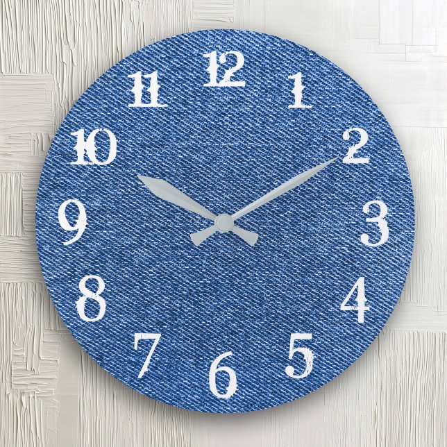 Relógio Grande Números de respingo brancos jeans azul profundo (White Splash Numbers Deep Blue Denim Large Clock)