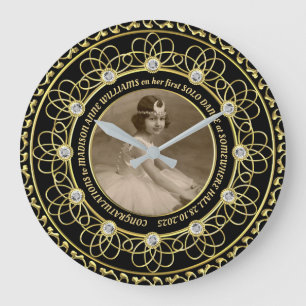 Relógio Grande Números Diamantes Foto Dourada Comemorativa Negra