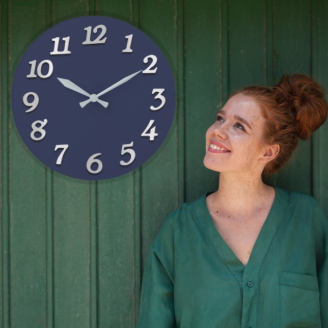 Relógio Grande Números mínimos da Cinza Cinza azul legante (Minimal Numbers Gray Grey Elegant Blue Navy Large Clock)