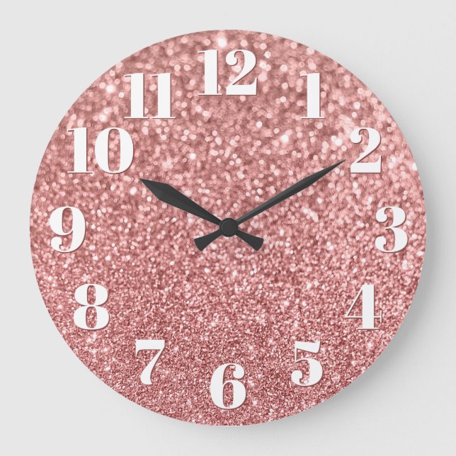 Relógio Grande Números Modernos Brilho Dourado Rosa Falso (Frente)