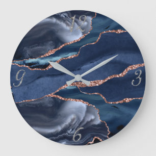 Relógio Grande Números Prateados do Abstrato de Agate Dourado do 