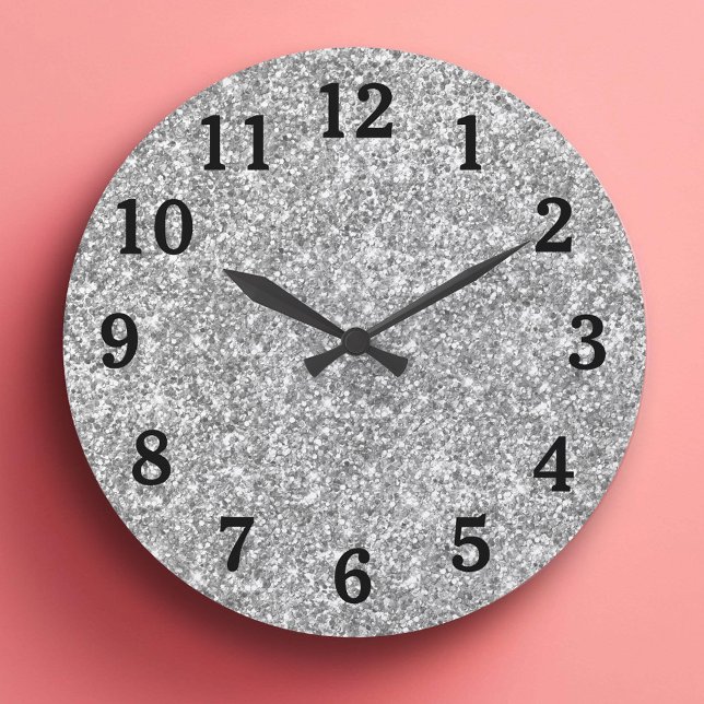 Relógio Grande Números Pretos de Fotografias Glitter Silver (Silver Glitter Photo Black Numbers Large Clock)