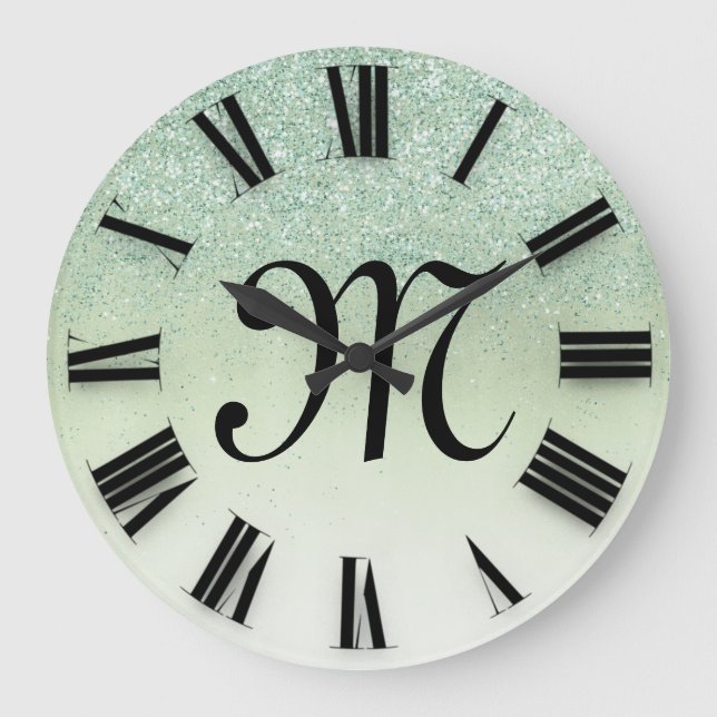 Relógio Grande Números romanos de Rosa Glitter Monogramas (Frente)