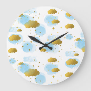 Relógio Grande Nuvens de Aquarela Azul Douradas Estrelas Céu