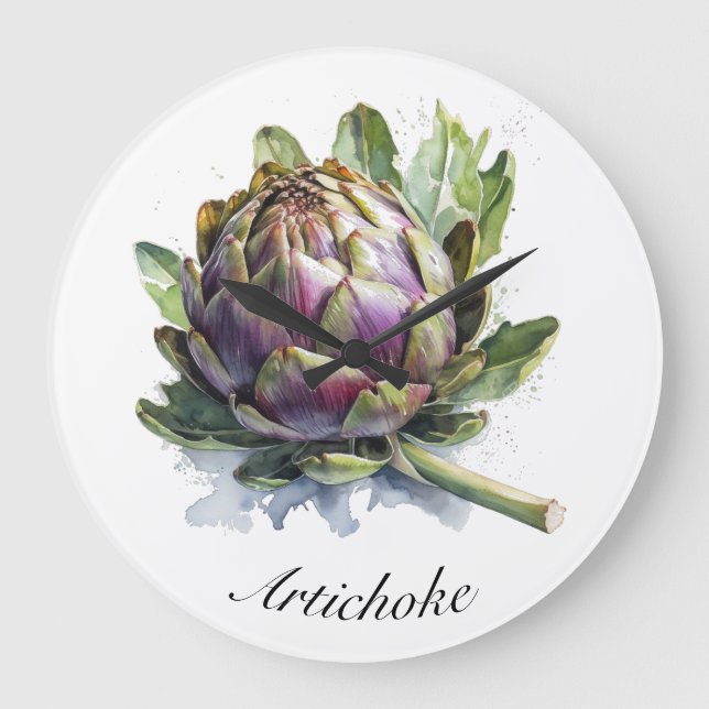 Relógio Grande O Coração do Jardim: Artichoke em Aquarela (Frente)