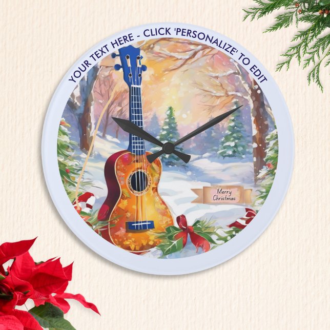 Relógio Grande O Ukulele De Inverno No Natal Da Neve (A Christmas clock with picture of a ukulele in a festive snow scene, with 'Merry Christmas' greeting)