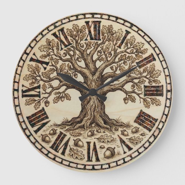 Relógio Grande Oak Tree Wall Clock – Wood-Burned Rustic Style (Frente)