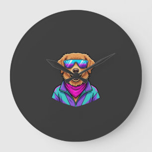 Relógio Grande Óculos de Sol de Cachorro Fofo Arte Neon Retro_1