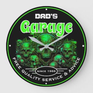 Relógio Grande Oficina Mecânica Garage Green Skulls do Papai
