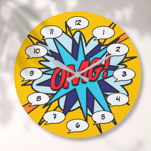 Relógio Grande OMG Diversão Retrô Quadrinhos Pop Art