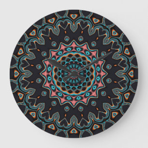 Relógio Grande Orange Blue Teal Black Mandala Boho Art