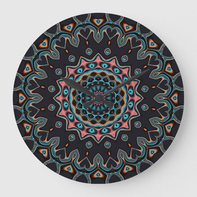 Relógio Grande Orange Blue Teal Black Mandala Boho Art (Frente)