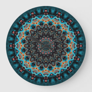 Relógio Grande Orange Blue Teal Black Mandala Boho Art