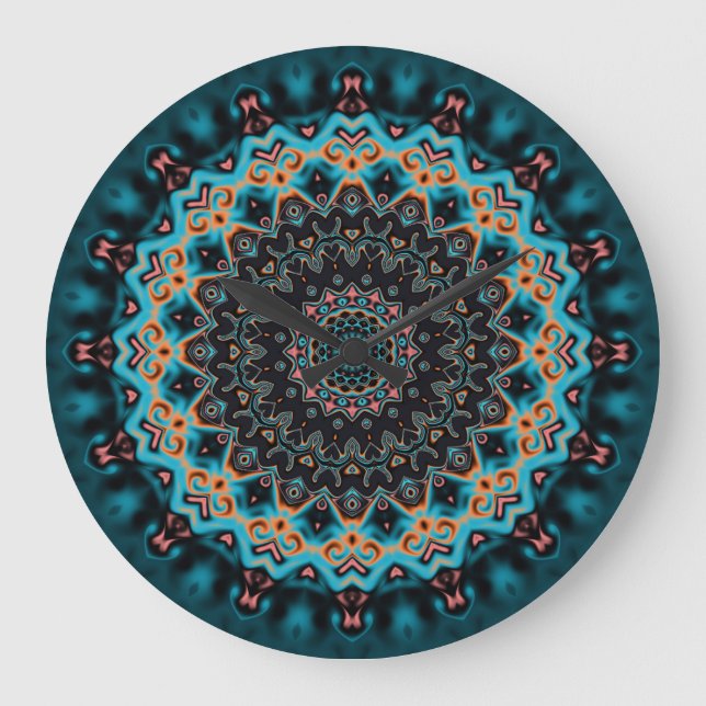Relógio Grande Orange Blue Teal Black Mandala Boho Art  (Frente)