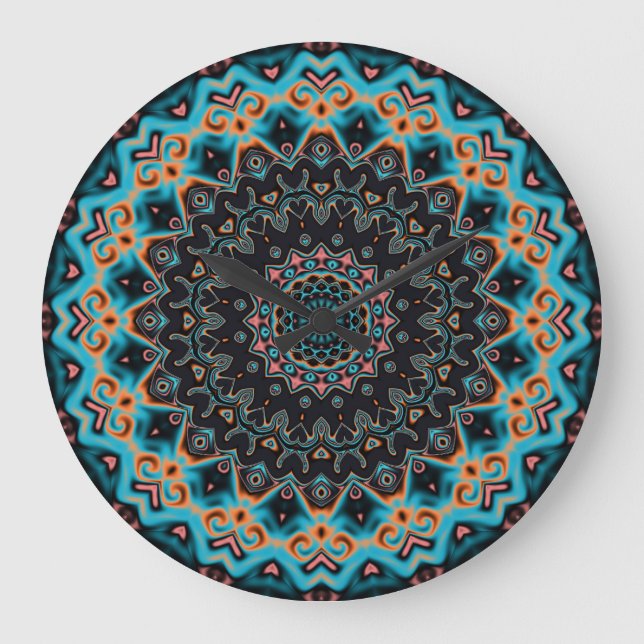 Relógio Grande Orange Blue Teal Black Mandala Boho Art (Frente)
