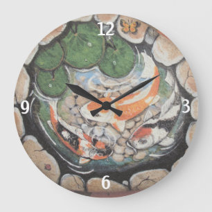 Relógio Grande Orange Koi Fish Pond Insect Lily Pad Stone