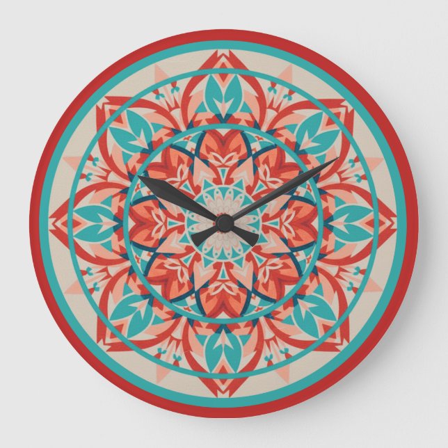 Relógio Grande Orange & Turquoise Boho Mandala  Large Clock (Frente)