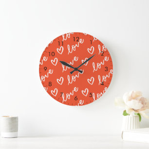 Relógio Grande Ortografia de amor e rabiscos cardíacos - vermelho