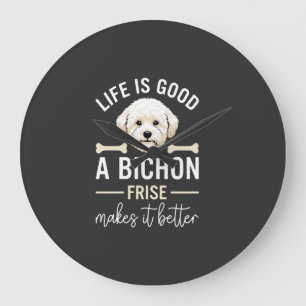Relógio Grande Ossos de Cão Bichon Frise com Pelo Branco Life Is