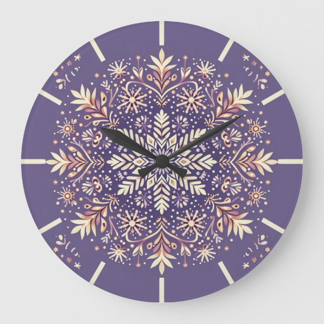 Relógio Grande Ouro Floral Snowflake Mandala (Frente)