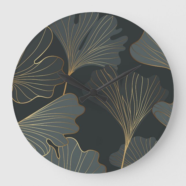Relógio Grande Ouro Ginkgo: Deco Floral Luxurioso. (Frente)