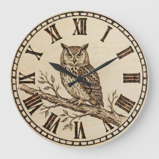 Relógio Grande Owl Wall Clock – Forest Wood-Burned Style