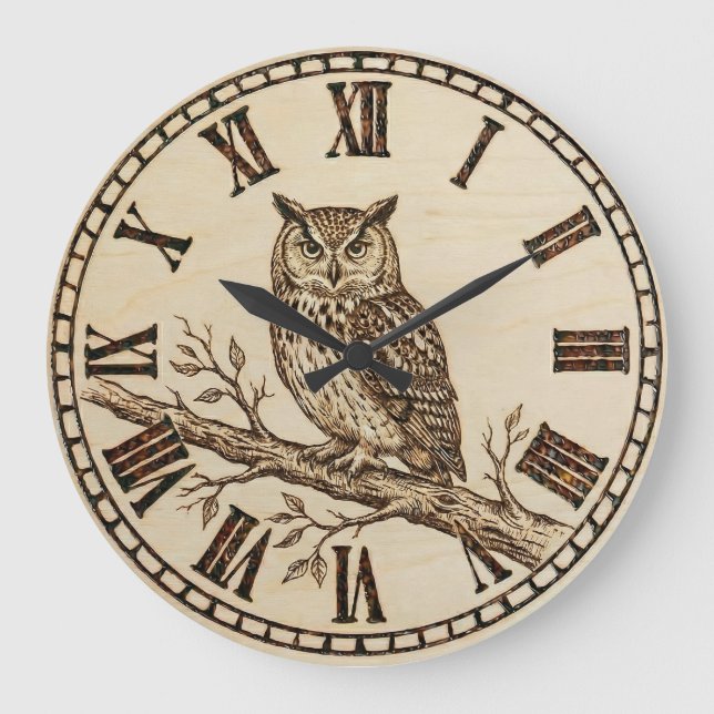 Relógio Grande Owl Wall Clock – Forest Wood-Burned Style (Frente)
