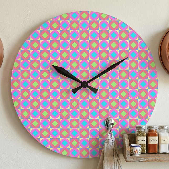 Relógio Grande Padrão Abstrato Geométrico Psicodélico Vibrante (Vibrant Geometric Abstract Psychedelic Pattern. Large Clock)