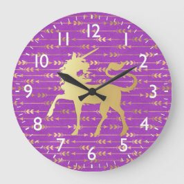 Relógio Grande Padrão Boêmio Dourado e Roxo & Unicórnio