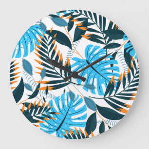 Relógio Grande Padrão Branco Brilhante de Folhas Tropicais