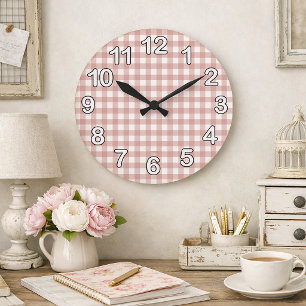 Relógio Grande Padrão Cottagecore Xadrez Gingham Rosa e Branco