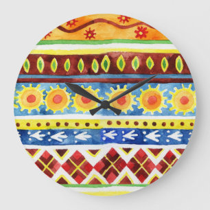 Relógio Grande Padrão de Aquarela Étnica Pintada à Mão