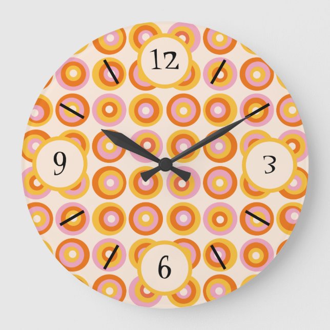 Relógio Grande Padrão de Círculos Laranja do Meio do Século Retro (Frente)