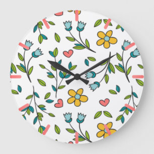 Relógio Grande Padrão de Coração e Floral Coloridos Desenhados
