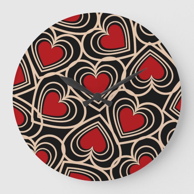 Relógio Grande Padrão de Coração Simples Preto e Vermelho (Frente)
