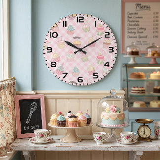 Relógio Grande Padrão de Cupcakes Fofos em Xadrez Rosa Pastel