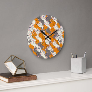 Relógio Grande Padrão de diagonal do gato preto branco do Ginger