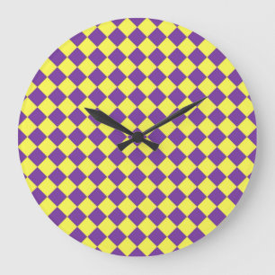 Relógio Grande Padrão de Diamante Xadrez Amarelo Roxo