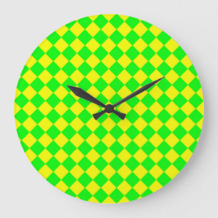Relógio Grande Padrão de Diamante Xadrez Verde Amarelo