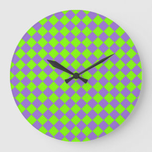 Relógio Grande Padrão de Diamante Xadrez Verde Roxo