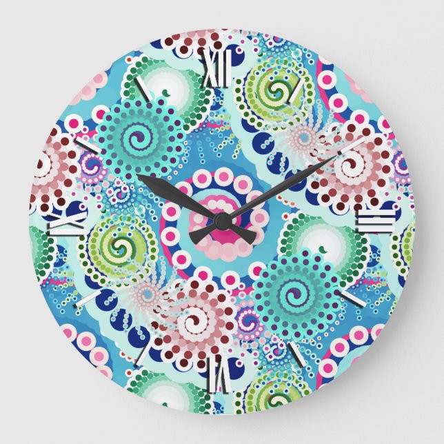 Relógio Grande Padrão de espiral frontal, turquesa, rosa, multifu (Frente)