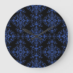 Relógio Grande Padrão de estilo damasco floral azul e preto elega