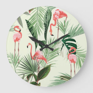 Relógio Grande Padrão de Flores Exóticas Flamingo Rosa