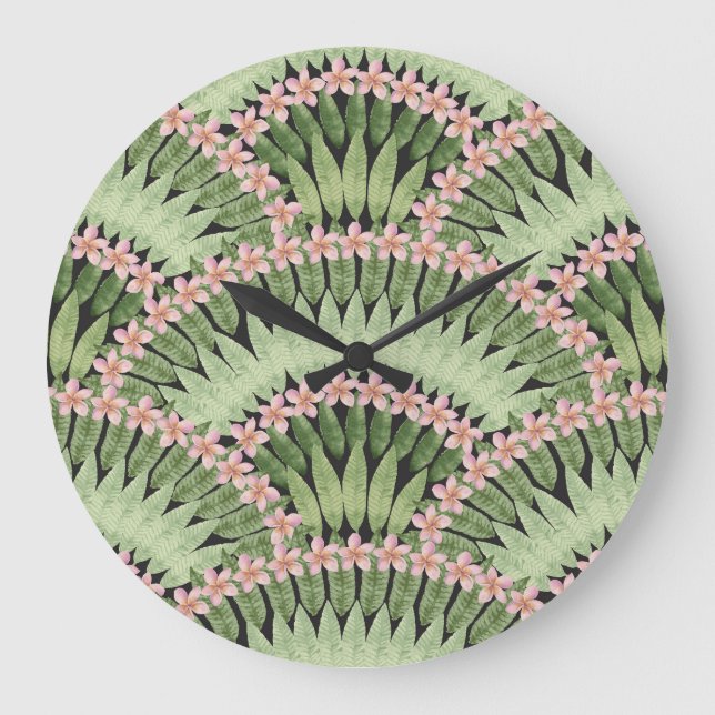 Relógio Grande Padrão de Flores Tropicais Pintadas À Mão (Frente)